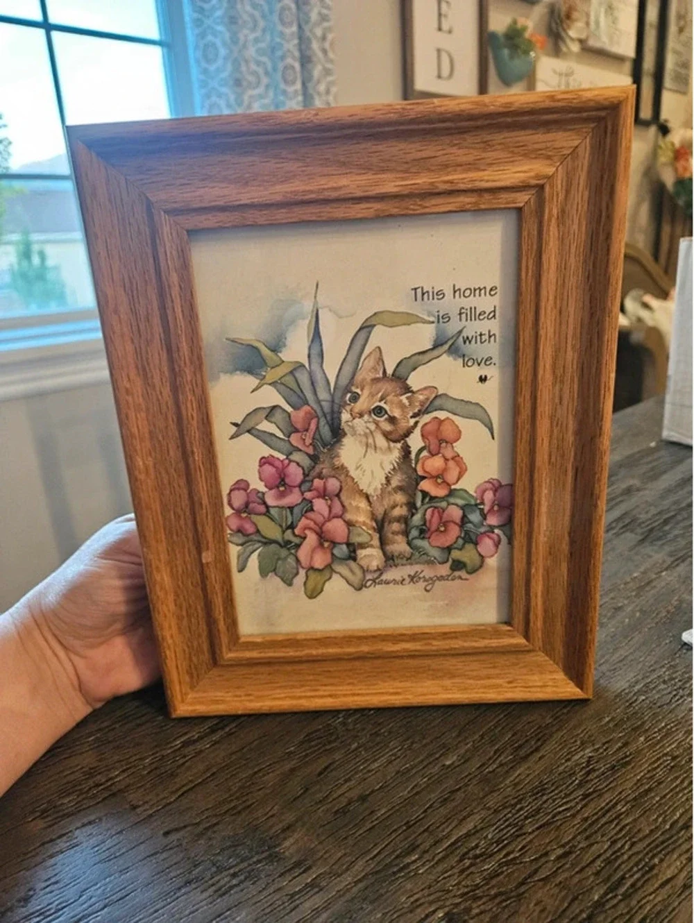Vintage Laurie Korogade watercolor kitten and flowers cottage decor wooden 90s